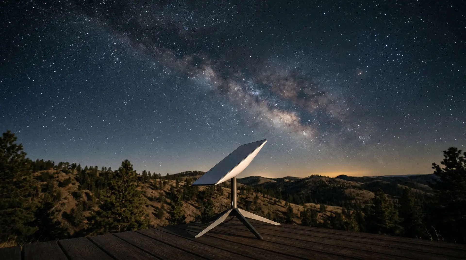 A Starlink dish on a wooden deck under a starry night sky